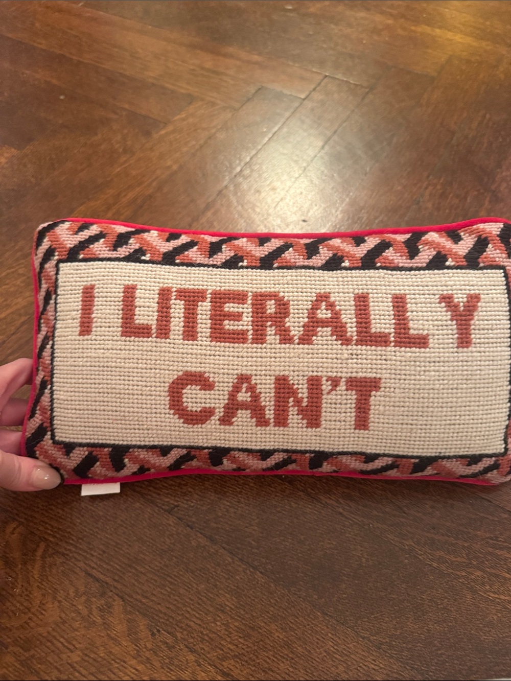 Playful 'I Literally Can't' Accent Pillow in Pink and Cream